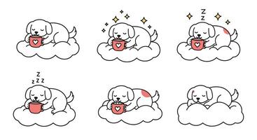 Cute dog enjoying a warm drink on a cloud in flat art vector