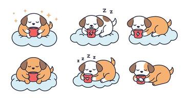 Cute sleeping dog with a cup in minimal illustration style vector