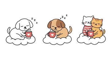 Cute animals sleeping on clouds with cups in flat art vector
