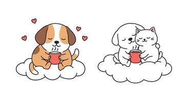 Cute dog and cat sharing a drink on clouds in minimal art vector