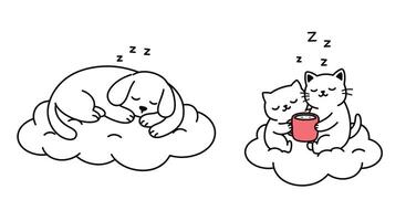 Sleeping dog on cloud transforming into cozy cat duo with cup illustration vector