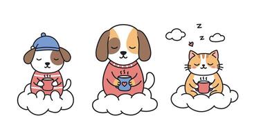 Cute animals relaxing on clouds in minimal illustration style vector