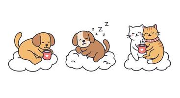 Happy pets enjoying drinks on clouds in minimal flat illustration vector