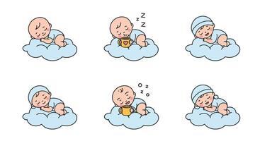 Sleeping baby on cloud in flat style illustration with peaceful expressions and playful elements vector