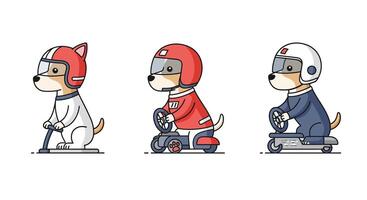 Dogs in racing helmets riding scooters in flat and colorful art vector