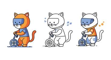 Cat character transformation from colorful to outline and detailed styles in flat art vector