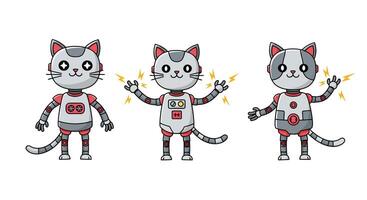 Robot cat character transformation in flat, colorful illustration vector