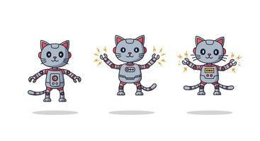 Cute robotic cat character transitions from standing to dancing in flat illustration vector