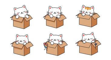 Cute cats playfully emerging from cardboard boxes in flat art vector