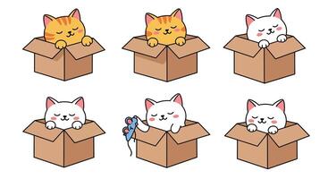 Cute cats playing in boxes with playful expressions in flat art vector