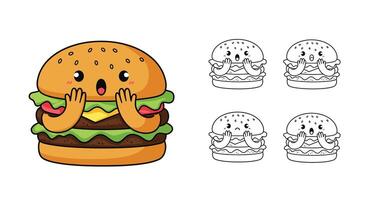 Cheerful burger character in flat design with amazed expression showcasing art vector