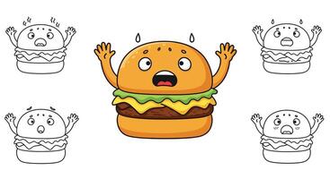 Surprised cartoon hamburger expressing fear in minimal flat art vector