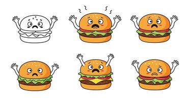 Happy cartoon burger character transition in flat art style featuring emotions and expressions illustration vector