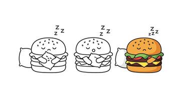 Cartoon hamburger character transformation from simple outline to colorful illustration vector