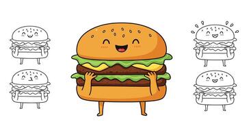 Cartoon burger character with happy expression in flat design art vector