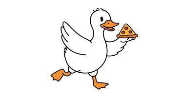 Playful duck holding a slice of pizza in a minimal illustration vector