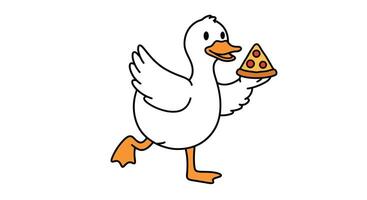 Playful duck carrying a slice of pizza in flat art style vector