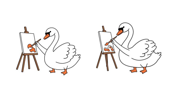 Artistic swan painting on easel in flat art style showcasing creative process