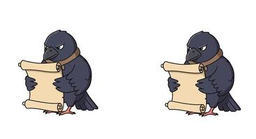 Cartoon raven holding a scroll in flat art with dynamic poses and expressions illustration vector