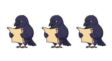 Cartoon raven character holding a scroll in flat art style vector
