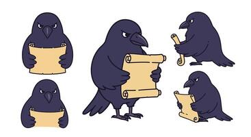Crow holding scrolls in various poses illustrated in a colorful flat design art vector