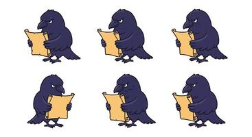 Curious raven reading scroll in playful flat style illustration vector