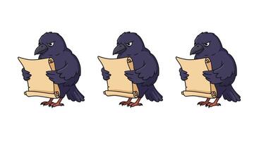 Three playful crows reading scrolls in minimal flat art vector