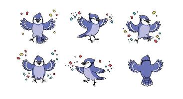 Bluebird character design in playful poses with colorful elements in flat art vector