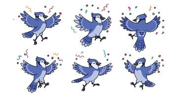 Bluebird dancing cheerfully in flat illustration style with colorful confetti elements in art vector