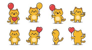 Cute orange cat with balloons in flat art style showing playful emotions and actions in illustration vector