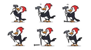 Woodpecker character in action with hammer, flat design style illustration vector