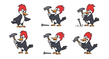 Woodpecker character in action sequence showing hammering technique in flat illustration vector