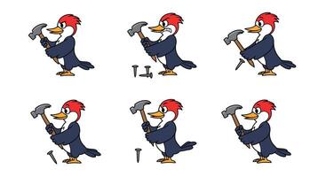 Cartoon woodpecker character in flat design swinging a hammer in art vector