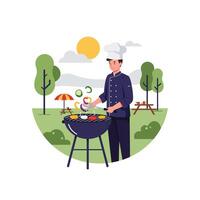 Chef grilling vegetables and meat in a park setting, minimal illustration vector