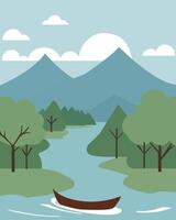 A boat floating down a river with trees and mountains in the background vector