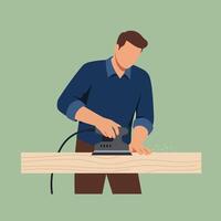 Man using electric sander on wooden plank in flat art vector