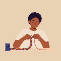 Person crafting a colorful braid using thread in flat art vector