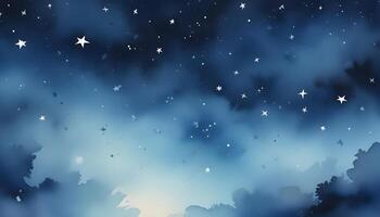 An enchanting watercolor painting showcases a serene night sky filled with shimmering stars. photo
