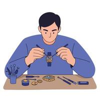 Man repairing a watch in flat digital style art vector