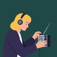 Person using radio with headphones in flat style art vector
