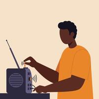 Person adjusting vintage radio in minimal flat style art vector