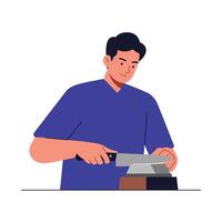 Man sharpening a knife with a whetstone in flat art vector