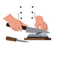 Chef sharpening knife using whetstone in flat style art vector
