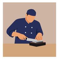 Chef sharpening knife on whetstone in flat art style vector