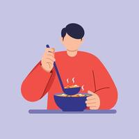 Person enjoying a delicious bowl of soup in flat art style illustration vector