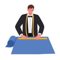 Tailor measuring fabric with ruler in a flat and colorful design art vector