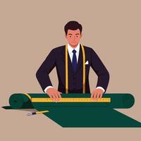 Tailor measuring fabric with ruler in flat, minimal art illustration vector