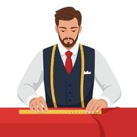 A tailor measuring fabric in a professional setting with flat design art vector