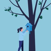 Woman installing a blue birdhouse on a tree in minimal art vector