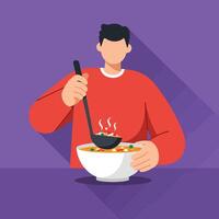 Person enjoying a delicious bowl of soup in flat art style vector